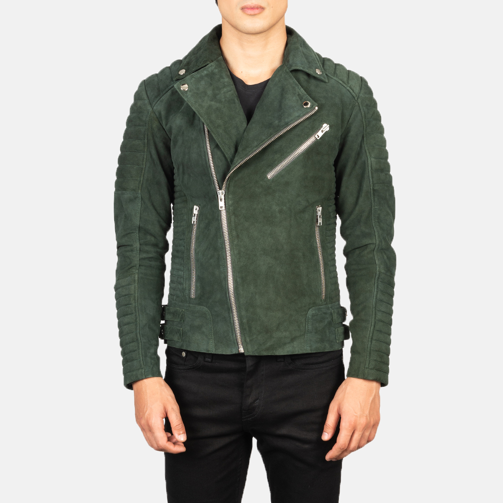 Mens Armand Green Suede Biker Jacket Open Front-4-1634126902786